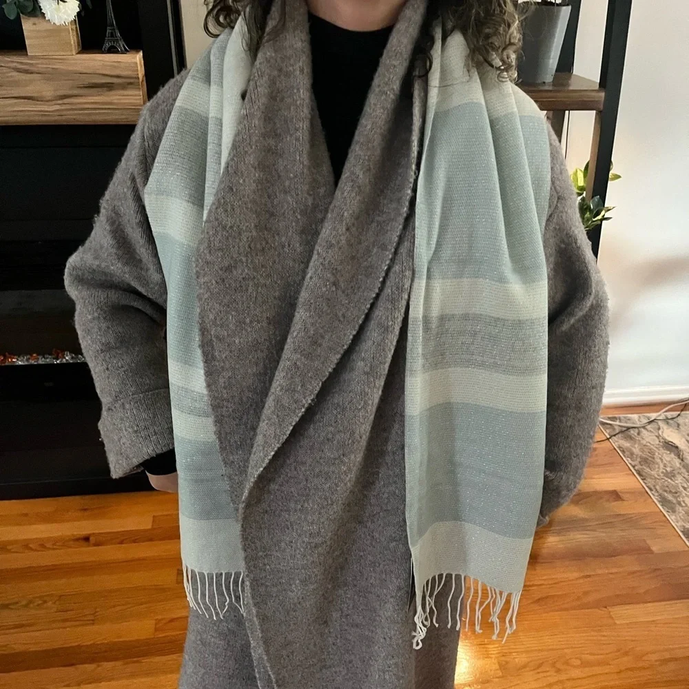 Steve Madden Women's Lurex Fringe Muffler Scarf - Blue Grey - 72 x 11 in